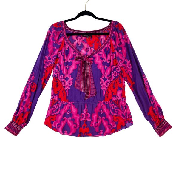 Hale Bob Tops - Hale Bob Silk Top Women's Small Purple Pink Bow Abstract Bohemian Gypsy Designer
